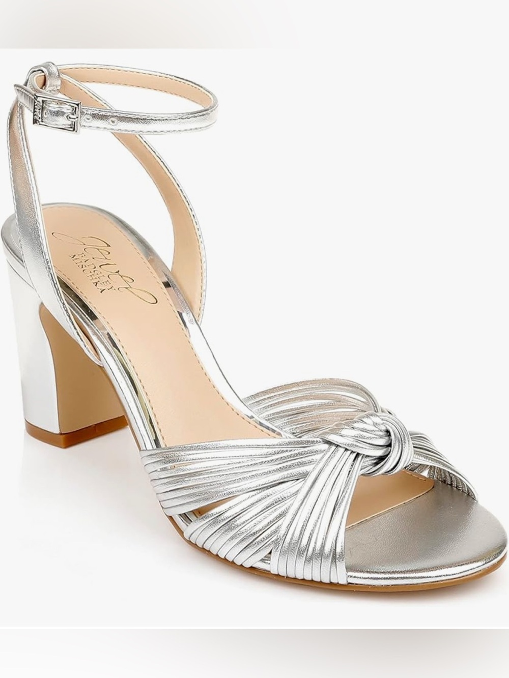 Jewel Badgley Mischka Christen Metallic Knotted Block Heel Sandal 8.5